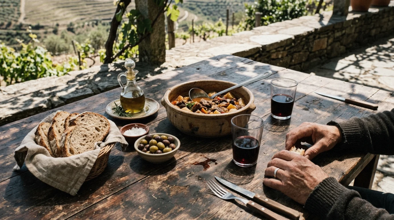 Open-fire farm lunch on the 10-wines Douro Valley tour with private cruise