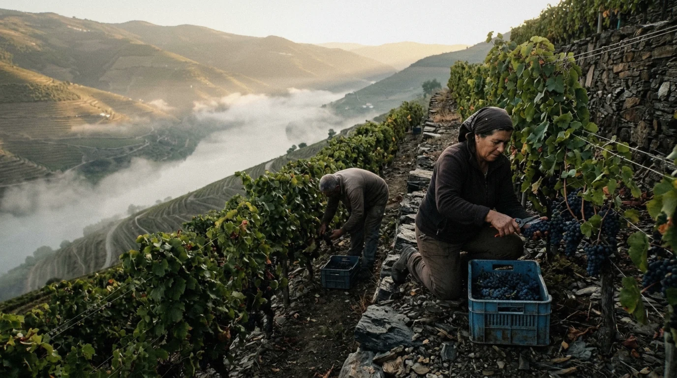 Pickers carrying grape baskets along terraced rows at dawn during the Douro Valley harvest season in September