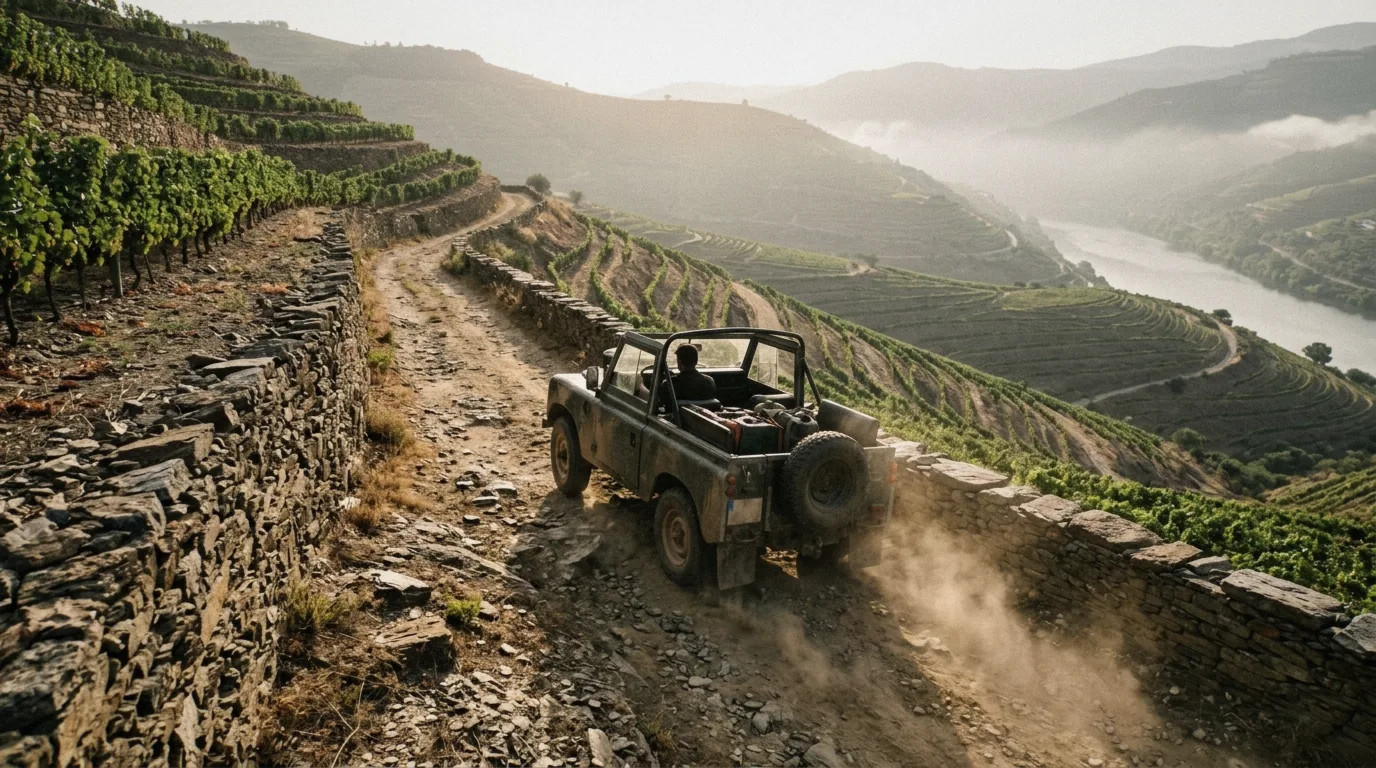 Private 4x4 jeep on a steep Douro Valley terrace track above the river