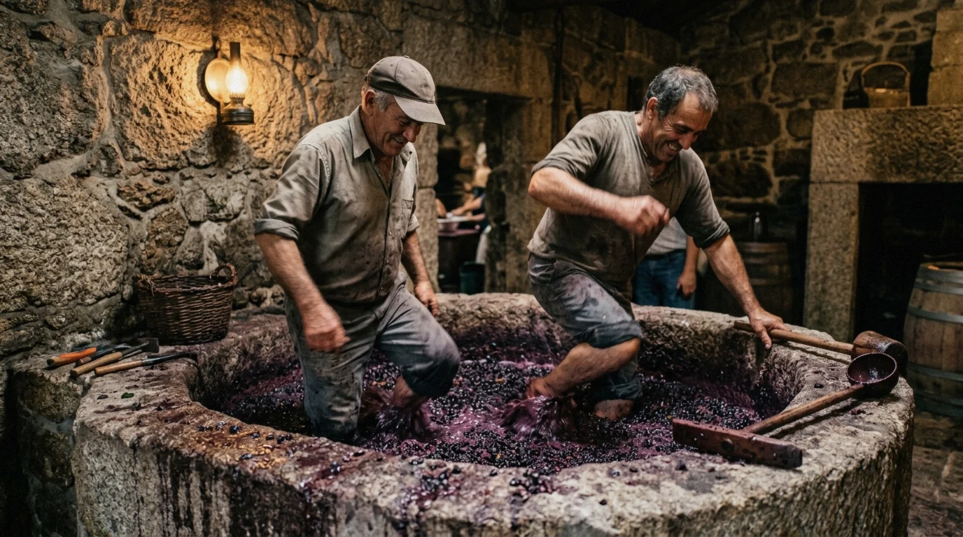 Pisado de uvas en un lagar de piedra durante la vendimia en el valle del Duero
