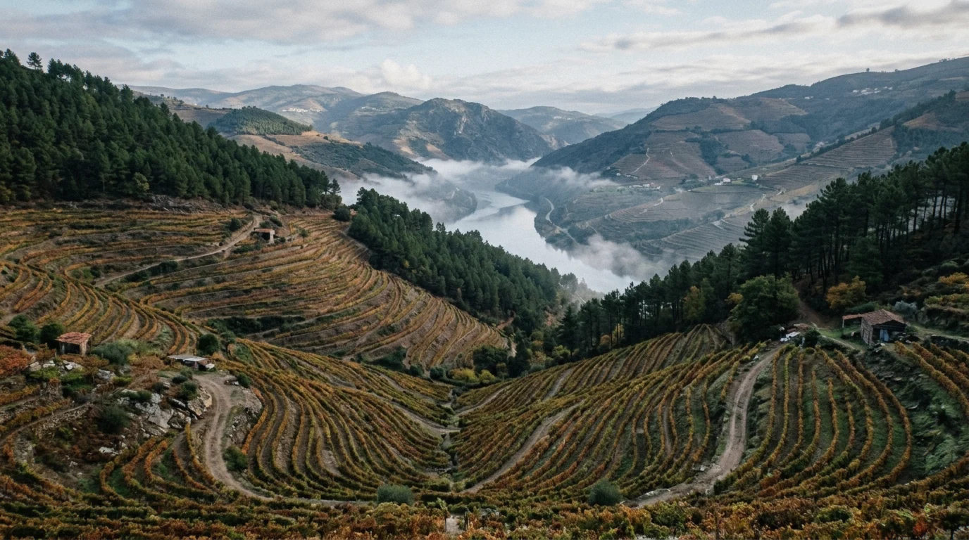 Terraced vineyard rows in autumn colour above the Douro Valley river in October, the season many call the best time to visit the Douro Valley