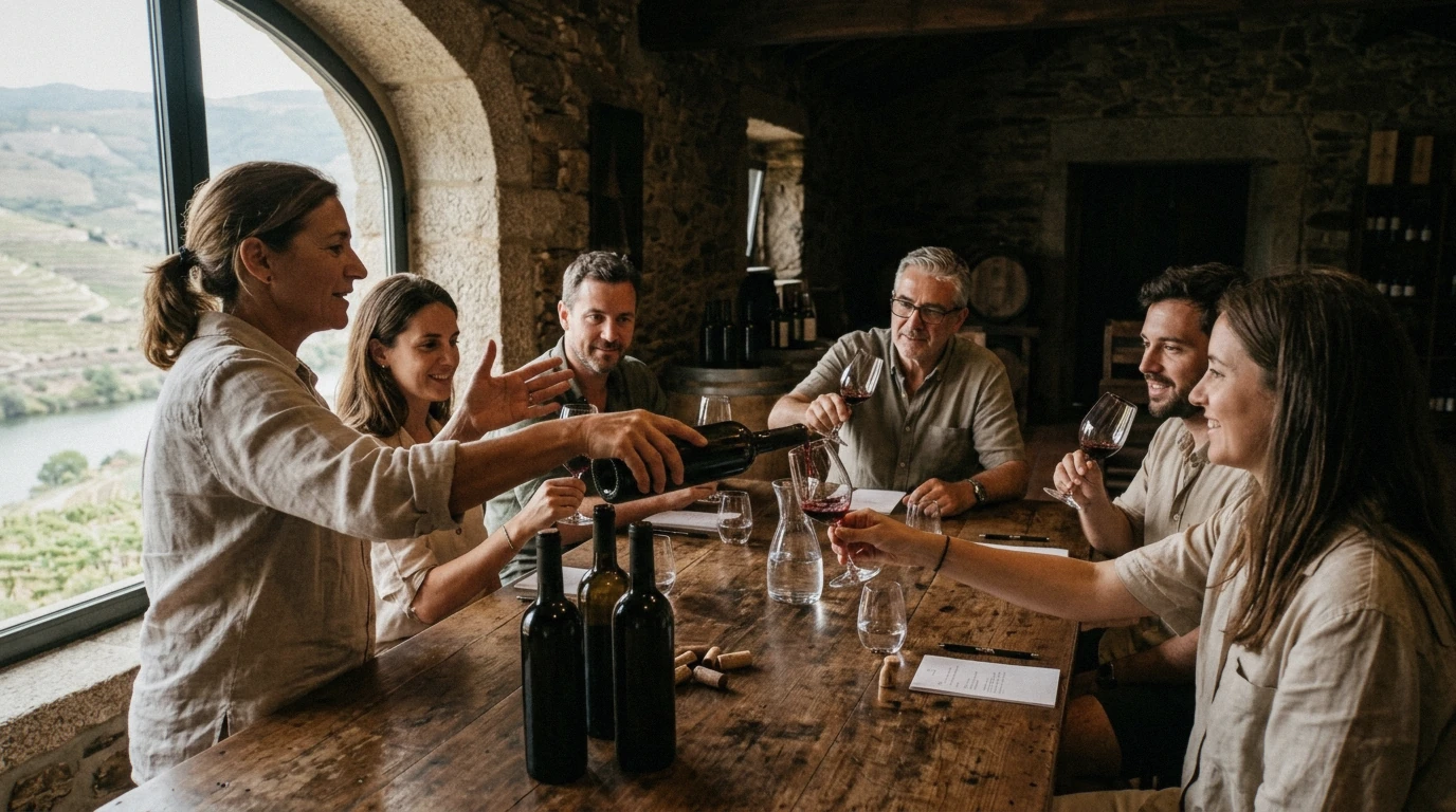Small tasting group around a quinta table on a Douro Valley small group wine tour from Porto