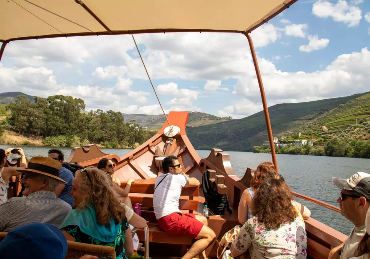 Grupo en autocar contemplando los viñedos en terrazas del valle del Duero en el tour de vinos de día completo de Living Tours con almuerzo, catas y paseo en barco desde Oporto